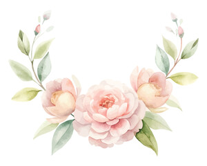 Elegant Watercolor Peony Garland with Leaves isolated on white background