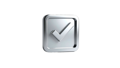 Shiny, three-dimensional, silver check mark icon within a square, against a black background