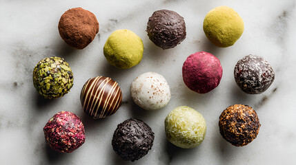 Colorful gourmet chocolate truffles on marble surface