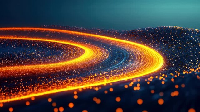 Curving light streaks on blue terrain with dispersed glowing particles