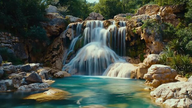 Cascading waterfall tumbles into a teal pool, surrounded by rocks and lush greenery
