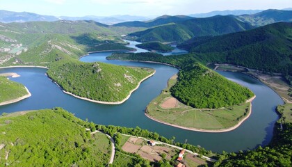 Aerial View of Braided River Oxbow Mosaic Green Floodplain