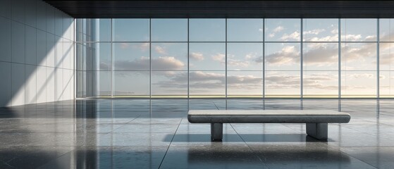 Modern interior with large windows and a bench reflecting sunlight