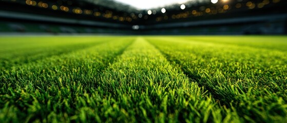 Close up of vibrant green stadium field with lines and artificial turf