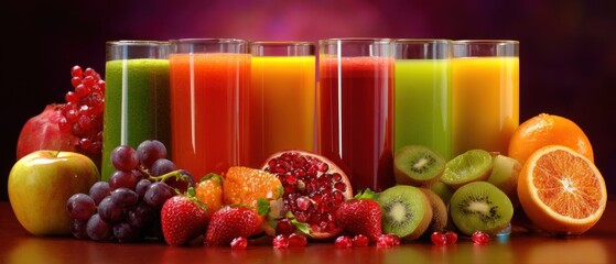 Vibrant assortment of fresh fruit juices in glass with transparent background