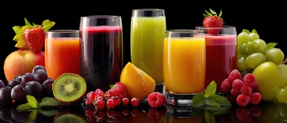 Variety of fresh juices and fruits refreshing beverages and healthy ingredients