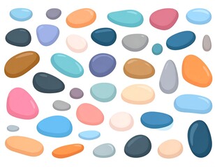 A collection of various smooth, colorful stones scattered on a white background