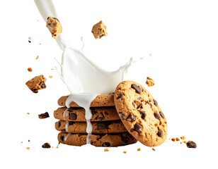  Freshly Baked Cookies with Splashing Milk in Mid-Air, Realistic Style, isolated on transparent background.