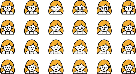 Collection of diverse cartoon female faces expressing various emotions isolated on white background