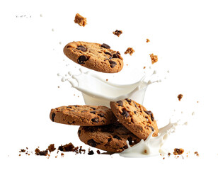  Freshly Baked Cookies with Splashing Milk in Mid-Air, Realistic Style, isolated on transparent background. 