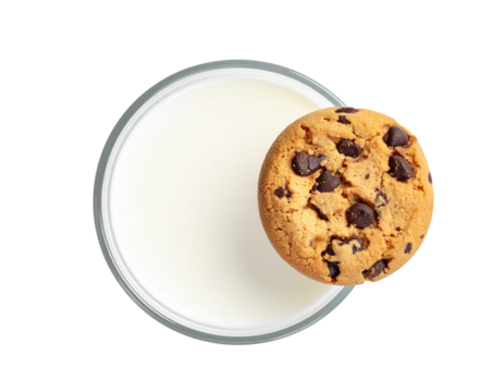 Glass of Milk with Half-Dipped Cookie, Minimalist Flat Lay, isolated.And transparent the background.