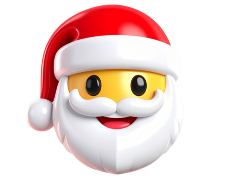  Smiling Santa Claus Emoji Face with Red Hat, 3D Glossy Style, isolated on transparent background.