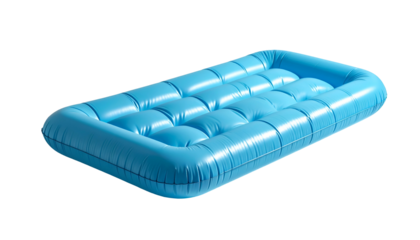 A bright blue, rectangular inflatable raft with raised sections on a black background
