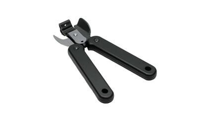 A close-up of a black can opener, open and ready to use, against a black background