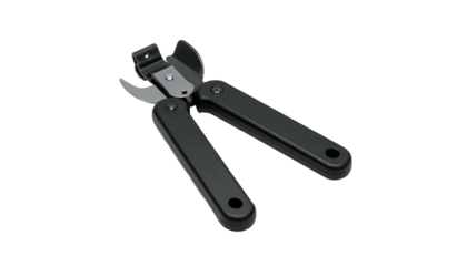 A close-up of a black can opener, open and ready to use, against a black background