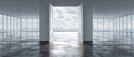 Open door to cityscape view inside modern building with reflection