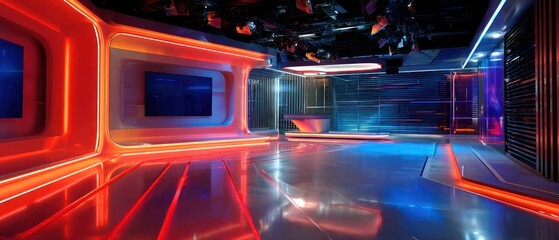 Modern studio interior with red and blue lighting television screen