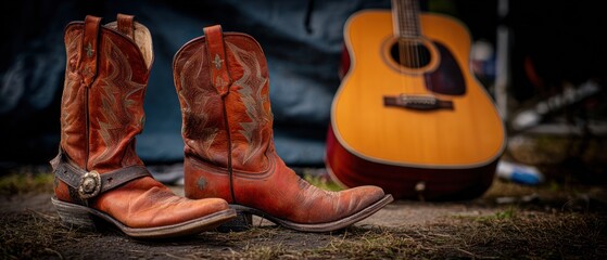 Pair of cowboy boots and acoustic guitar rustic western theme