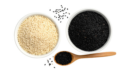 Overhead shot of two white bowls filled with white and black seeds, with a wooden spoon