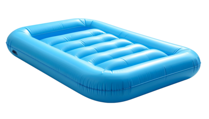 A vibrant, light blue inflatable air mattress with ribbed surface, isolated on black