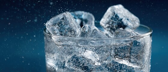 Close up of ice cubes in glass with water and bubbles on transparent background