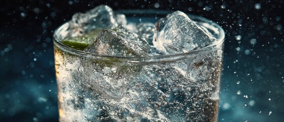 Close up of a refreshing beverage with ice cubes and lime slice