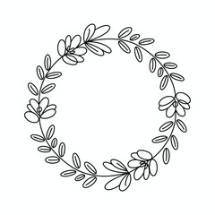 Elegant Floral Wreath Design with Delicate Flowers and Leaves Perfect for Invitations and Decoration Black and White Illustration