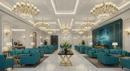 Fototapeta premium Luxurious hotel lobby with teal sofas and crystal chandeliers