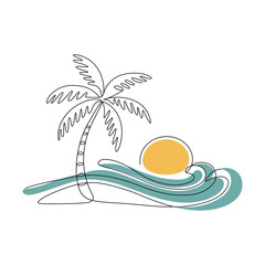 Minimalist Beach Scene with Palm Tree and Sunset Illustration Line Art Aesthetic Tropical Island Vibe Vacation Getaway Concept Isolated on White Background