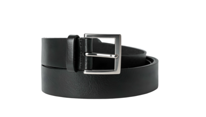 A coiled black leather belt with a silver square buckle against a stark black background