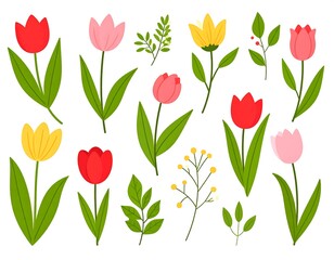A collection of stylized cartoon tulips and floral accents on white