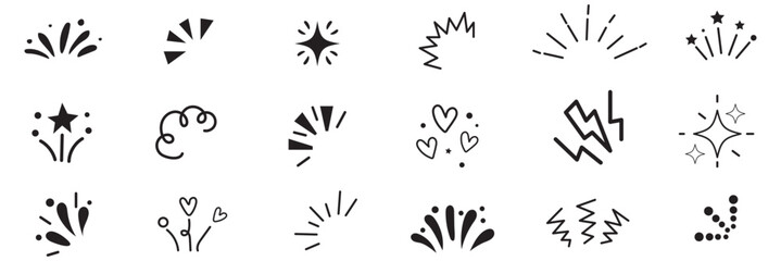 Star background confetti set. Hand drawn doodle star shapes and birthday confetti with cute sparkle, holiday twinkle brush elements, and glowing cartoon kid pattern. Vector illustration