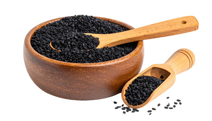 Wooden bowl and scoops filled with small black seeds, isolated on black background