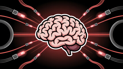 Illustration of a brain connected to cables, symbolizing neural networks and data flow, representing the concept of artificial intelligence