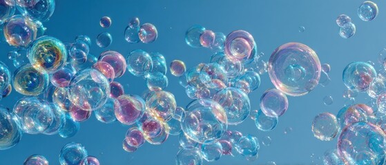 Transparent bubbles floating in sky against blue background imagery