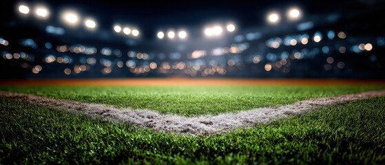Close up of a well maintained grassy sports field under stadium lights