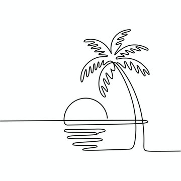 Minimalist continuous line drawing of tropical beach with palm tree and sunset creating a serene and peaceful seaside landscape