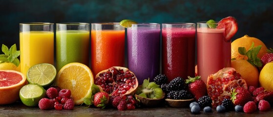 Colorful fruit smoothies and fresh fruits healthy refreshing beverages