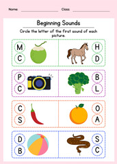 Printable Beginning Sounds Phonics Worksheet for Preschool and Kindergarten