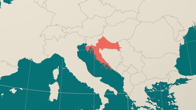 Croatia map. Animated zoom into the country on the Globe in Teal Pale Mint color palette. Country logo animation. Map with meridians, parallels. Stylish video.