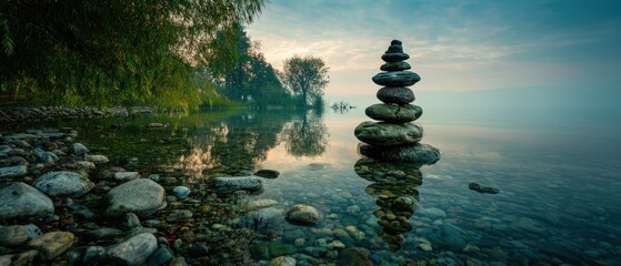 Stacked stones on a lake shore reflecting in the calm water at dusk