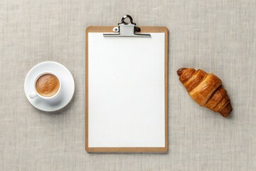 Clipboard with coffee and croissant blank paper breakfast