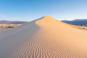 Serene Desert Dunes with Rippling Sand Patterns in Warm Light Under Clear Blue Sky