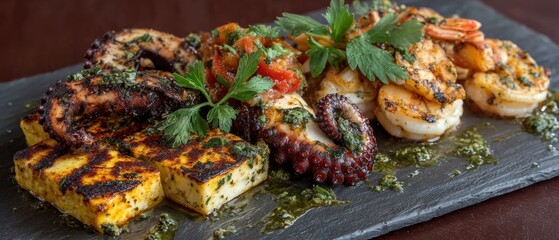 Grilled seafood platter featuring octopus shrimp and tofu with herbs