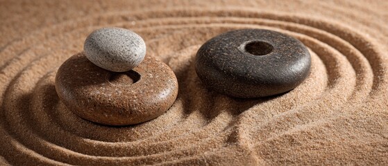 Zen garden arrangement with stones and sand patterns for meditation and harmony