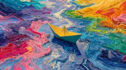  A paper boat sailing in a vibrant river, a metaphor for emotional journey 