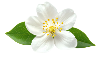 A close-up of a pristine white flower with yellow center and green leaves