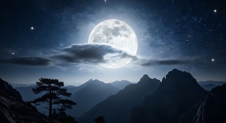 Mystical Moonlight Over Mountain Peaks - A Nighttime Landscape.