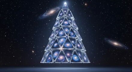 Christmas tree made of galaxy images against a starfield background for holiday and science themes