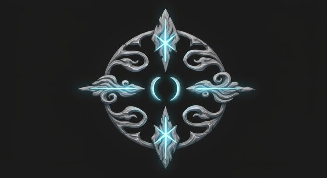 Silver ornate emblem with glowing blue details on dark background